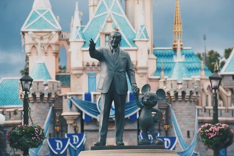 Statue of Walt Disney and Micky Mouse in front of the Disney castle.