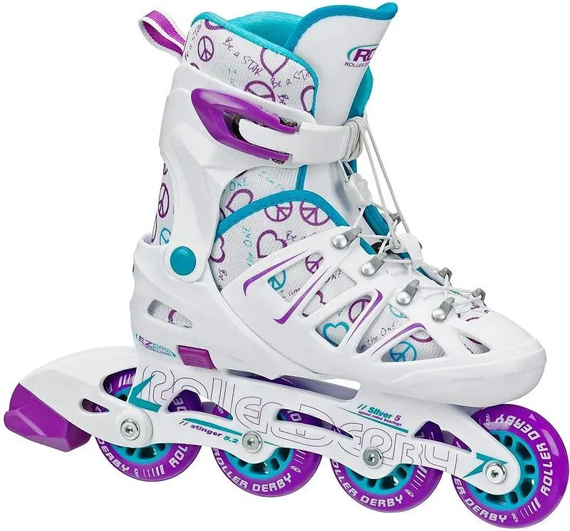 White Roller Derby Adjustable Inline Skates with purple and blue accents.
