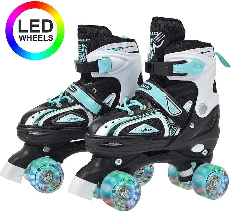 White and blue and black Apollo Super Quad X Pro Roller Skates, with LED wheels.