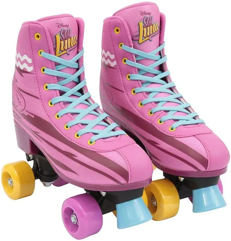 Pink Soy Luna skates with yellow accents and pale blue laces.
