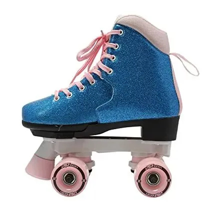 Glittery blue skates with pink laces and wheels.