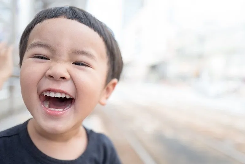 A young boy laughing a lot at corny jokes.