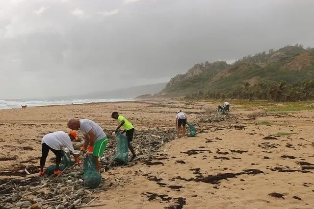 Beach community cleaning up all the rubbish and plastic that as washed up from the sea.