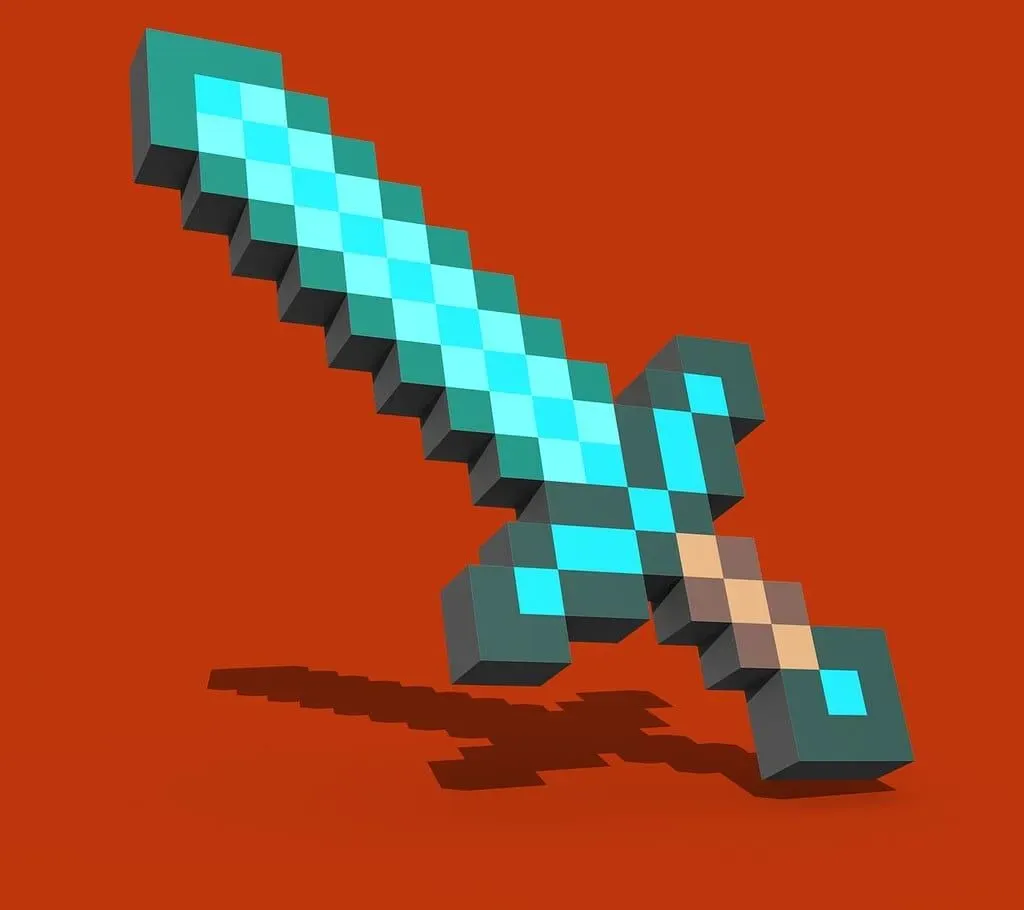 A pixelated blue Minecraft sword against a red background.