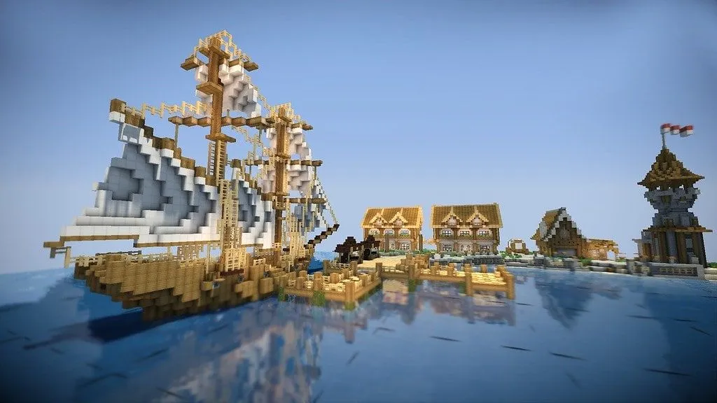Minecraft ship docked in the water near to some houses.