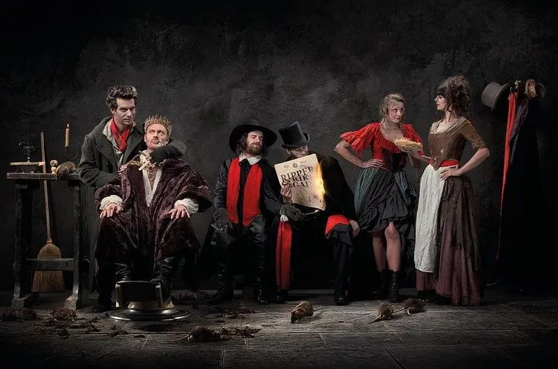 Actors dressed as Sweenty Todd, Henry VIII and Guy Fawkes at The London Dungeons. 