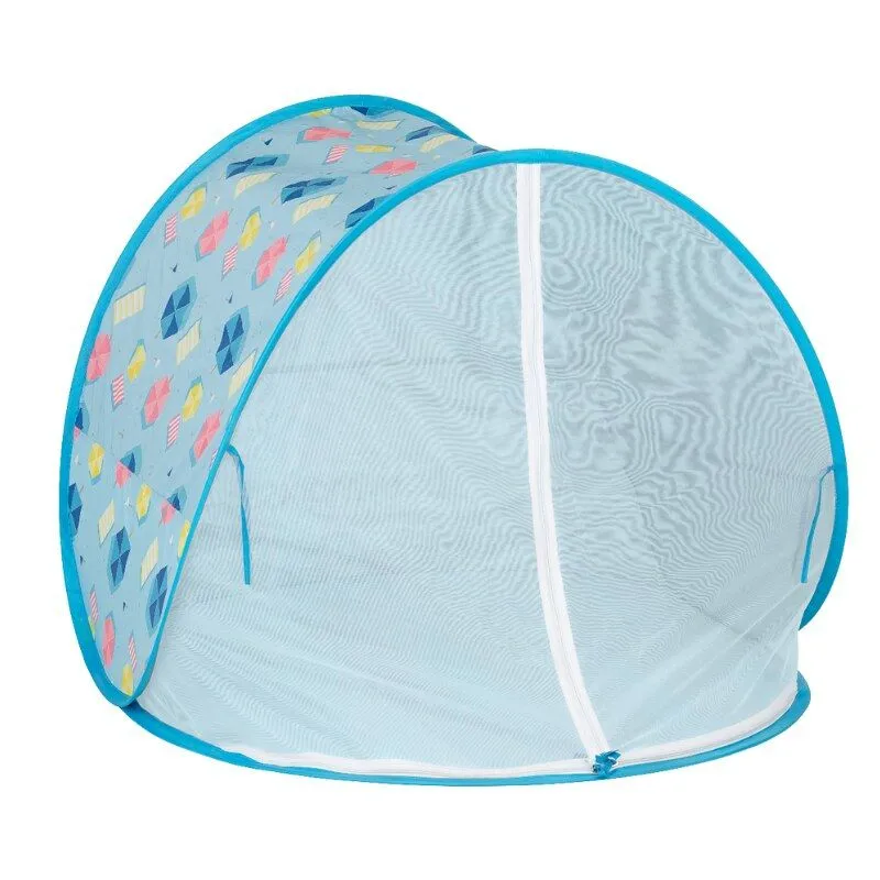 A Babymoov Anti-UV Baby Beach Tent with a beach themed pattern.