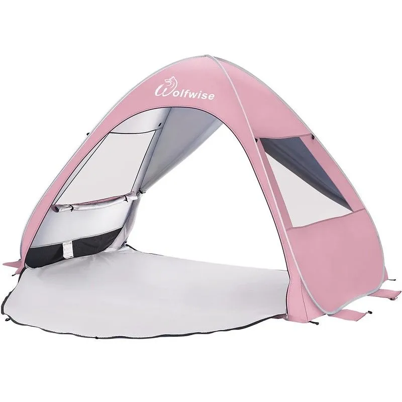 A light pink Wolfwise UPF Beach Pop Up Tent.