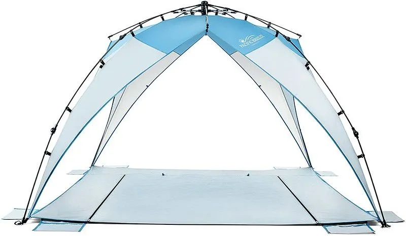A light blue Pacific Breeze Sand And Surf Beach Tent.