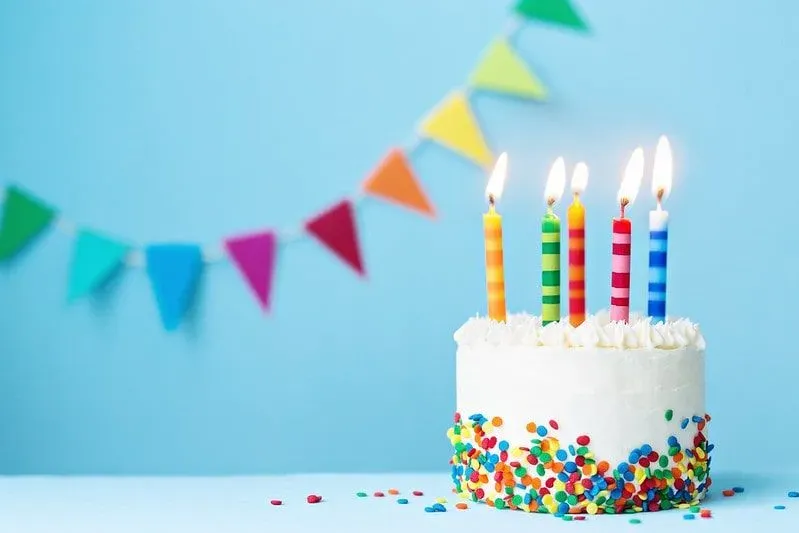 Birthday cake with colourful candles.