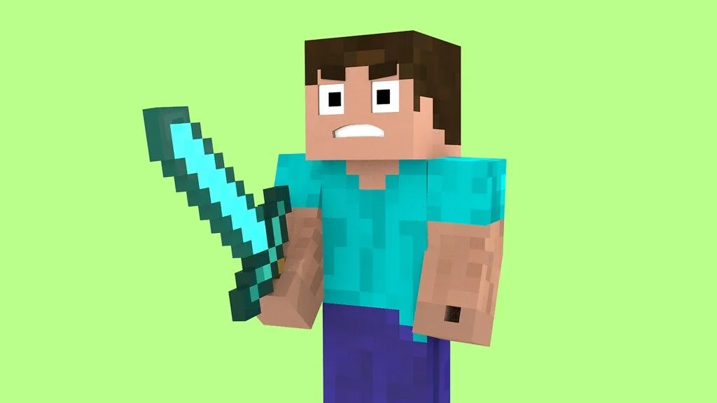 Minecraft character Steve standing against a green background holding a sword.