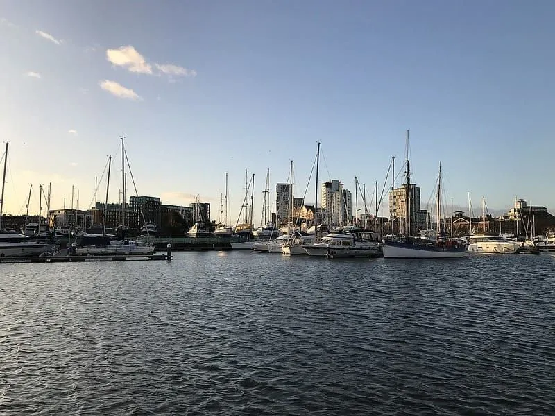 Lots of sailboats docked at Ipswich waterfront in the late afternoon.