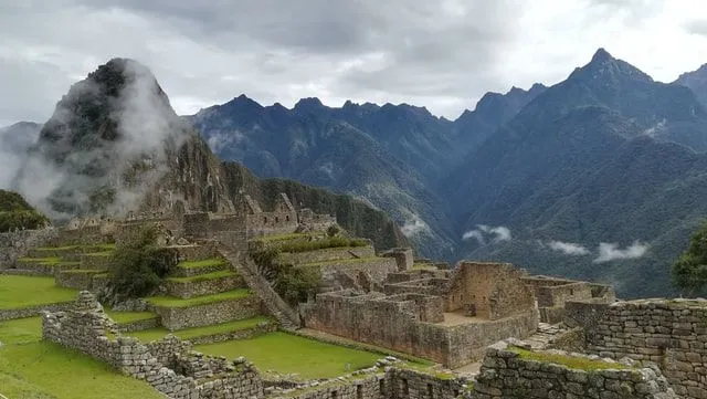 Side view of Machu Picchu, a surviving Inca town.