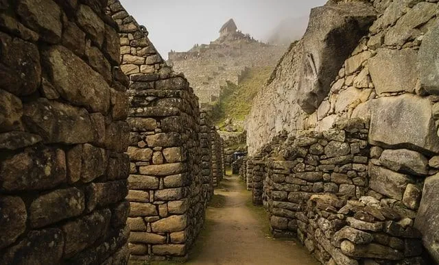 Path passing through the inner walls of Machu Picchu.