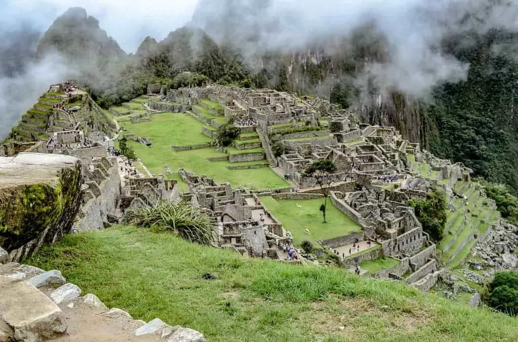 Aerial view of Machu Picchu, the Inca town constructed on a hillside.