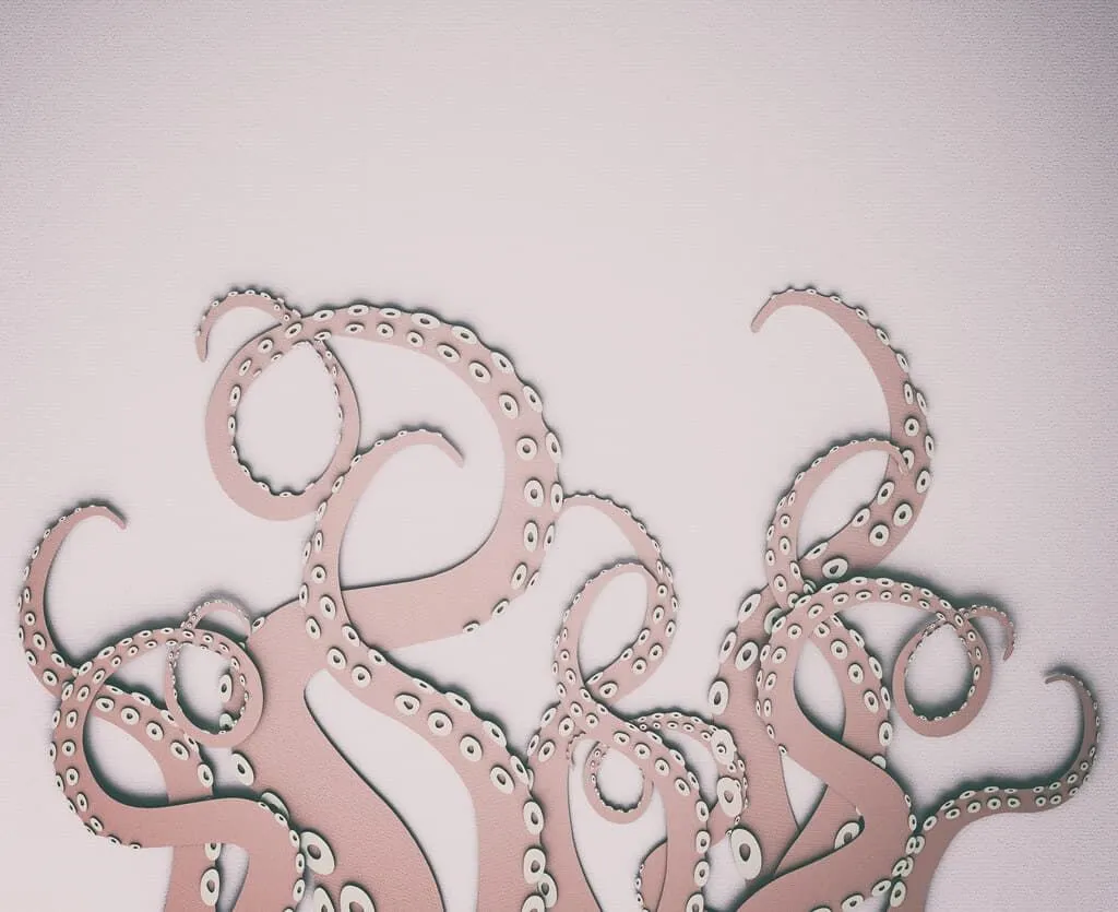 Pink card cut-out of octopus tentacles against a pink wall background.
