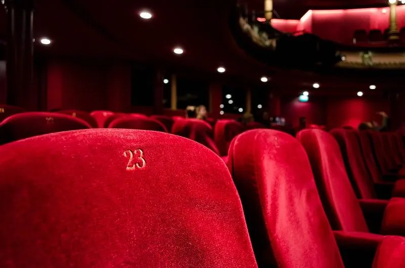 Close up of red theatre seats.