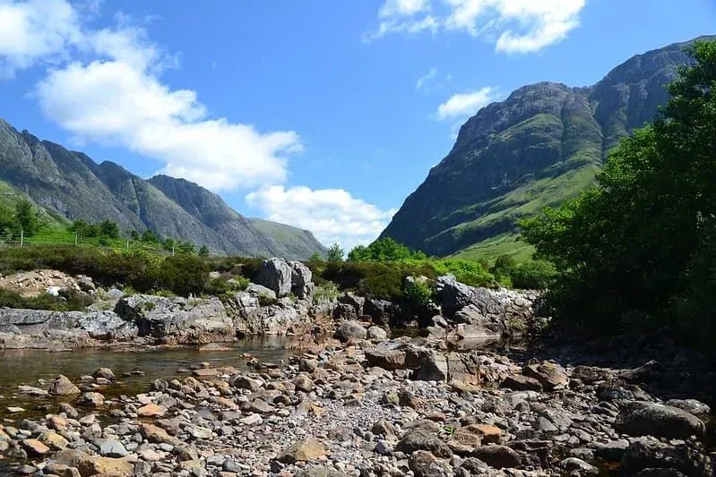 The green and rocky landscape around Ben Nevis, the tallest mountain in the UK.