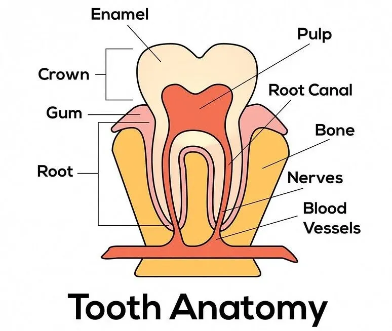 Annotated cross-section diagram of the anatomy of a tooth.