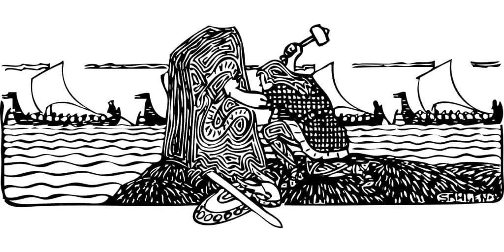 Drawing of a Viking carving out writing in a stone.
