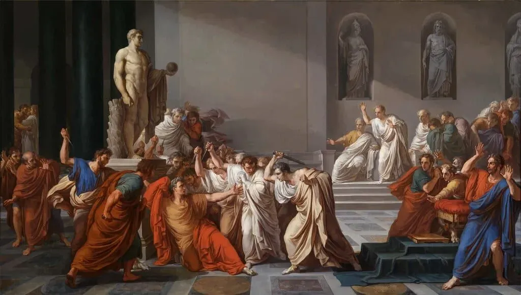 Painting of Julius Caesar in the Roman Senate with the other senators.