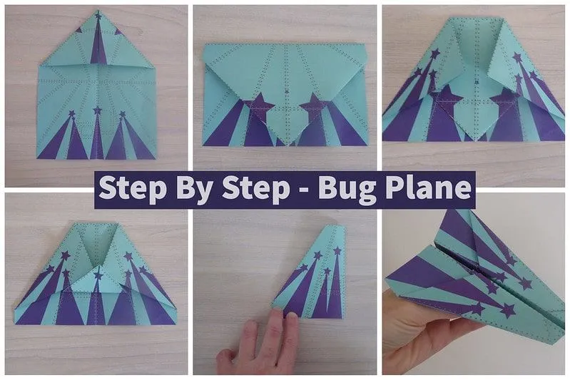 Visual step by step guide to making a bug paper airplane.