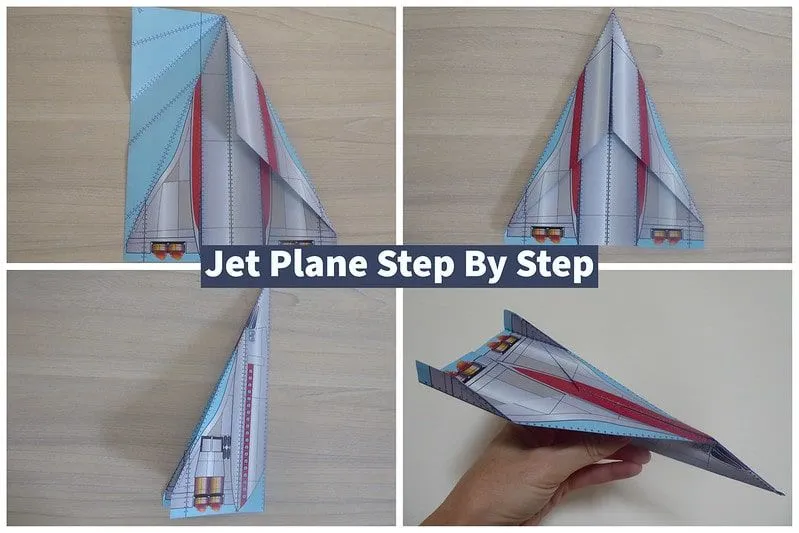 Visual step by step guide to making a jet paper airplane.