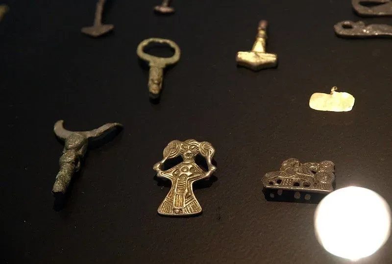 Viking amulets in a display cabinet.