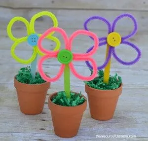 Three flower pots with pipe cleaner button flowers in them.
