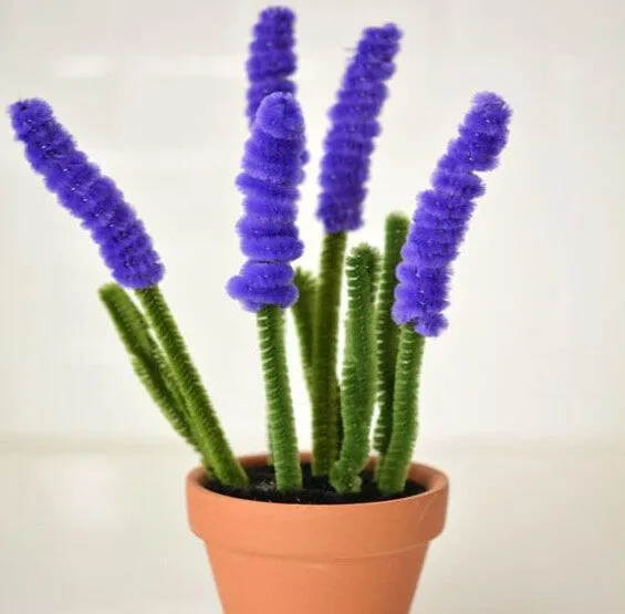 Flower pot of pipe cleaner lavender stems.