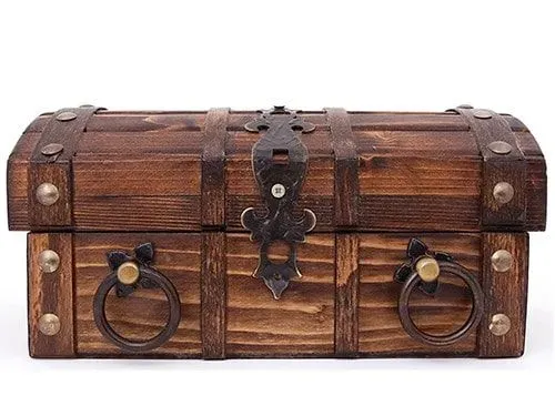 A wooden Tudor treasure chest, made by a carpenter.