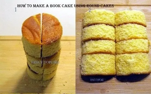 Steps showing how to make the shape of a book cake using round cakes.