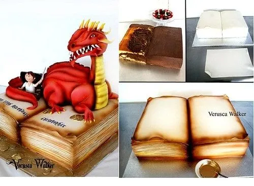 Steps showing how to decorate a book cake with a dragon sat on it.
