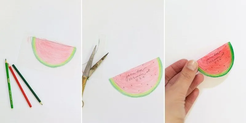 DIY luggage tag drawn and cut to look like a piece of watermelon.