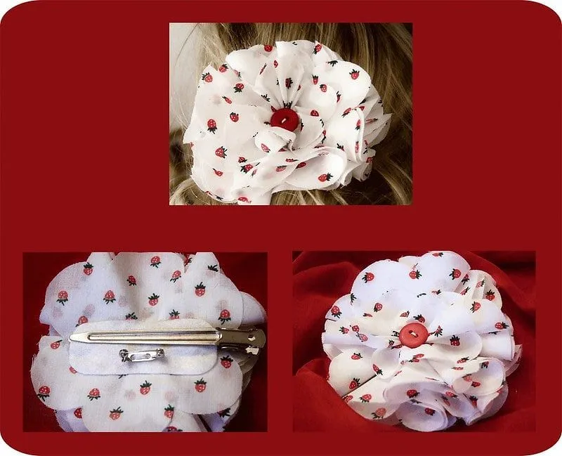 Pictures of the finished product, a flower brooch and its use on a hairtie, clip or simply a brooch.