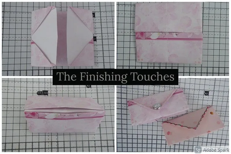 Steps showing the origami coin purse with the finishing decorative touches.