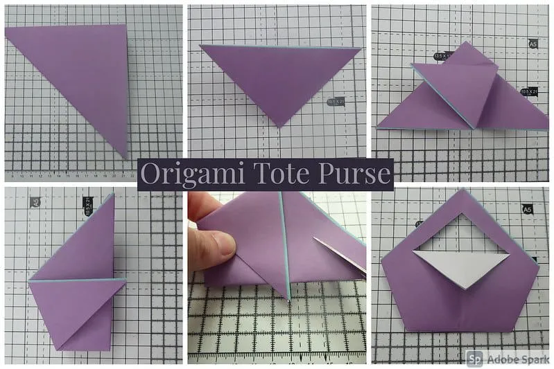 Step by step visual instructions for making an origami tote purse design.