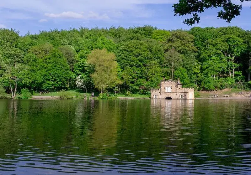 View of Newmillerdam boathouse across the lake.