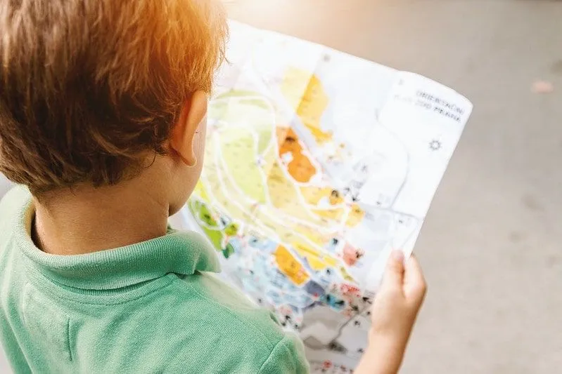 Little boy wearing green polo reading a map.