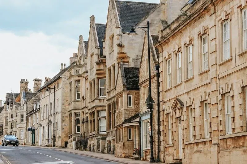 Stamford old town, lined with pretty, old architecture.