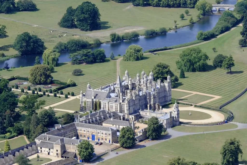 Aerial view of Burghley House, an Elizabethan estate.