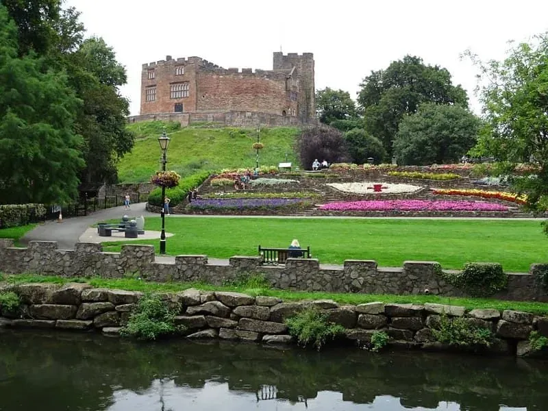 Tamworth Castle and its gardens with beautiful floral displays.