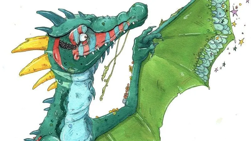 Watercolour painting of a green dragon.