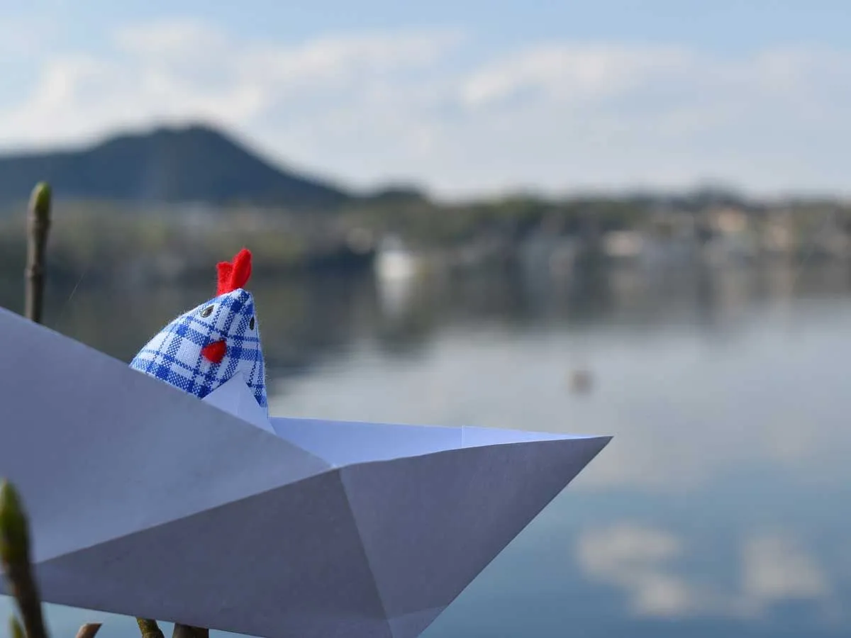 Checked fabric chicken sat in an origami boat by a lake.