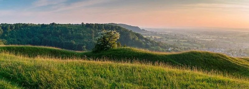View of the Cotswolds countryside at sunset.