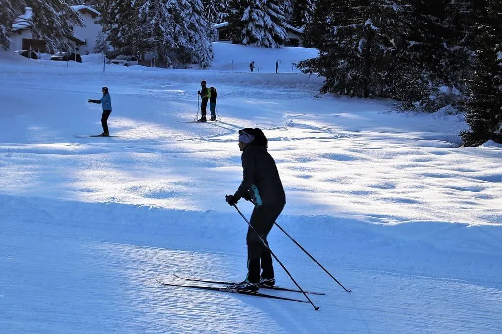 A woman skiing in Switzerland, in the background there are large snow covered trees and other skiers.