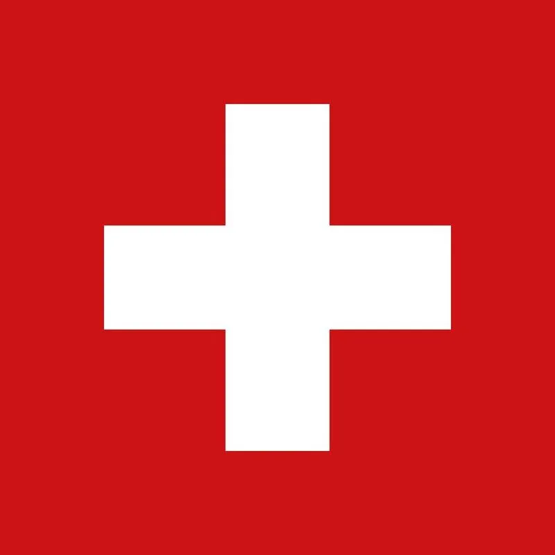 The flag of Switzerland, a large white plus sign in the middle of a red rectangle.