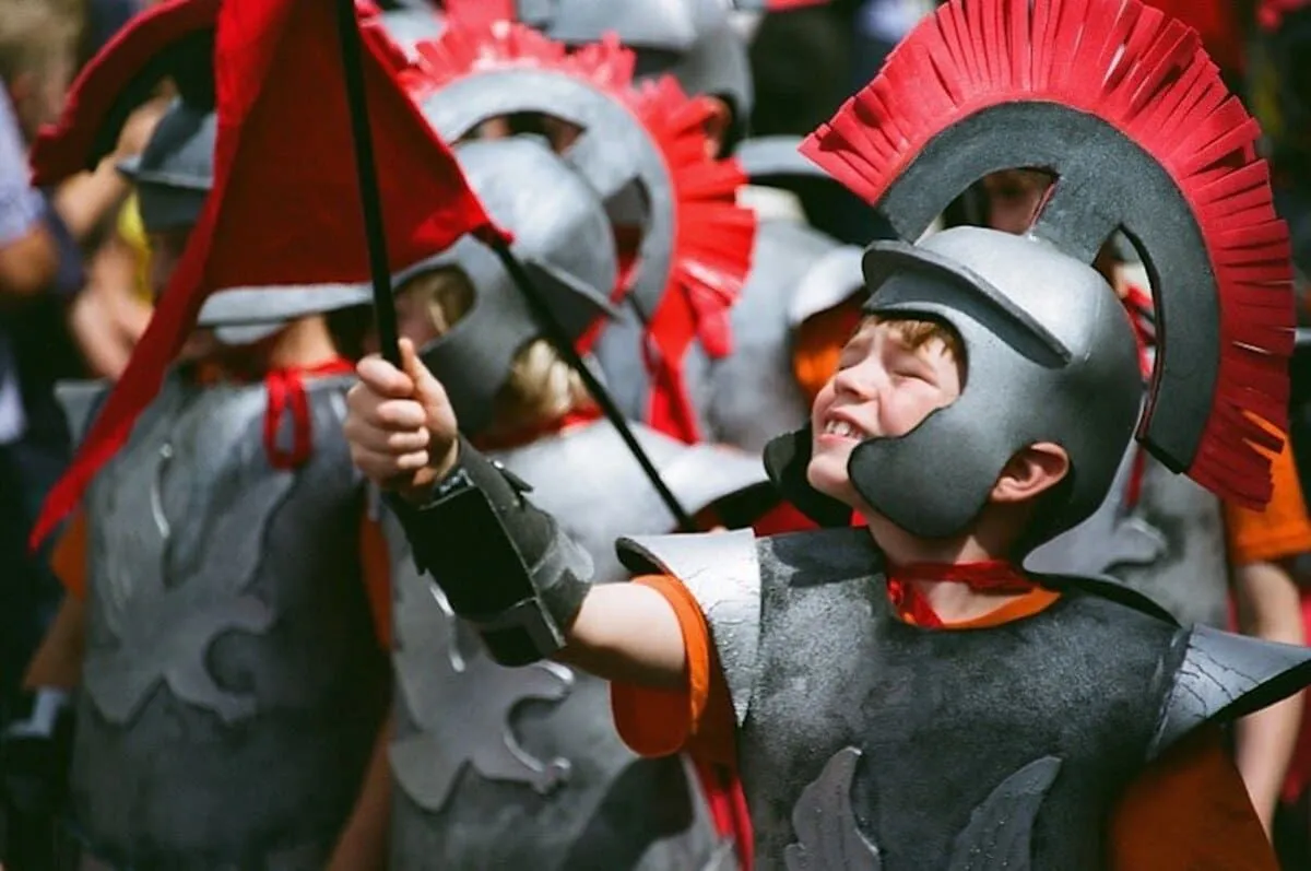 Boy dressed up as a Roman gladiator.