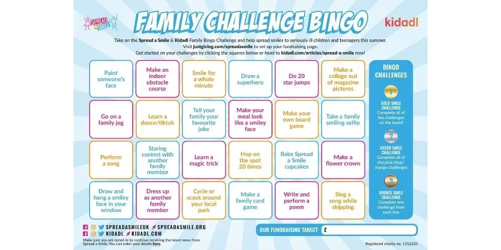 spread a smile family challenge bingo.