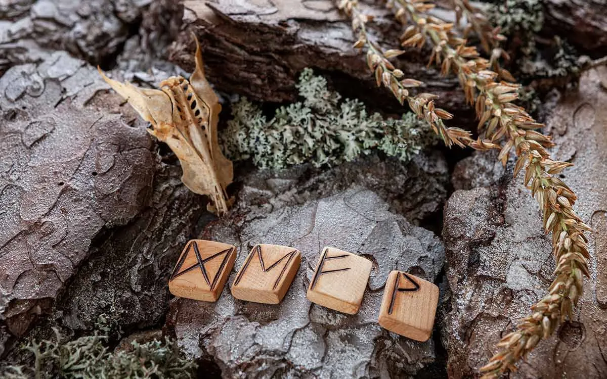 Four Viking runes written on blocks on wood placed on rocks.